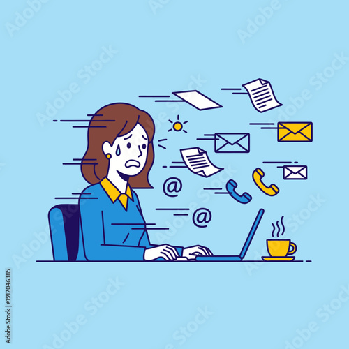 Overwhelmed businesswoman working stressed at computer with flying documents and emails