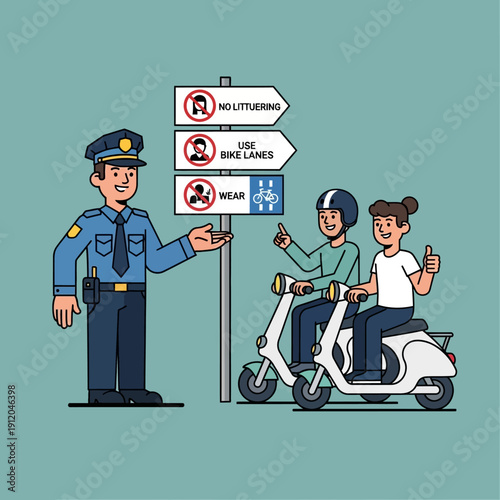 Police officer instructing cyclists on traffic rules and safety, promoting responsible riding.