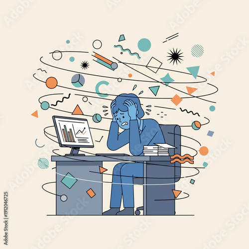 Stressed person overwhelmed by work and abstract shapes, mental overload concept