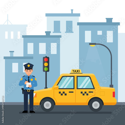 Police Officer Writing Ticket For Yellow Taxi Cab In City Street