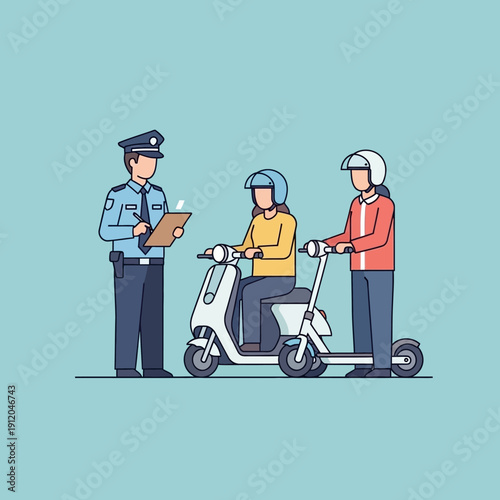 Police officer writing ticket for scooter and electric scooter riders on blue background