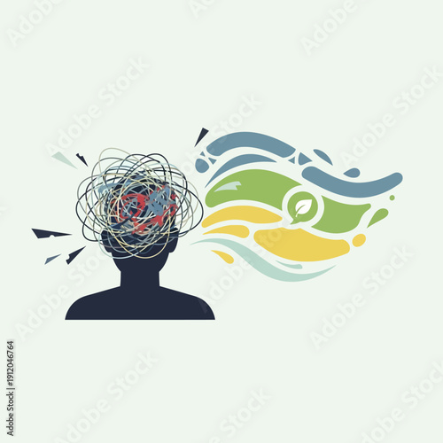 Confused mind with tangled thoughts transforming into colorful ideas and creativity