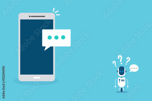 Artificial intelligence concept with robot having trouble interpreting human communication from a mobile phone, showing a breakdown in understanding.