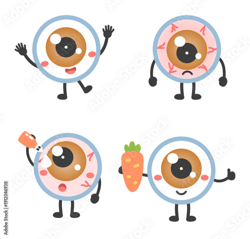 Cute vision care character set. Healthy and irritated eyeball mascot using drops and eating carrot for eyesight support. Ophthalmology and wellness theme. Flat cartoon vector illustration collection.