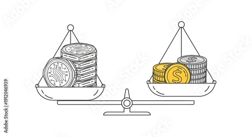Vector illustration of coins on balance scales comparing cryptocurrency and traditional currency
