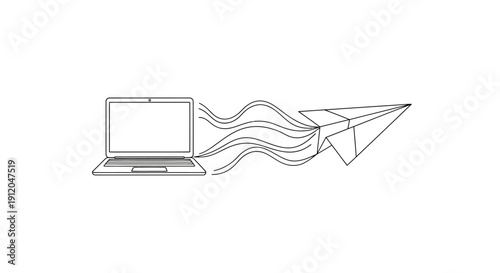 Vector illustration of laptop with paper airplane and speed lines