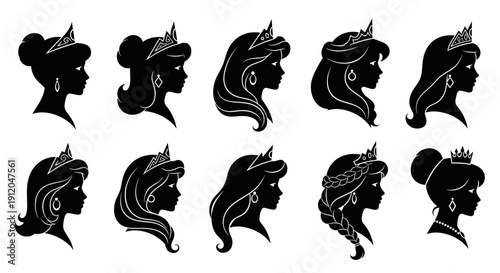 Fashionable woman profile silhouettes with hairstyles