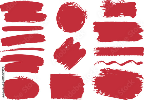 Red paint brush strokes set for artistic texture and hand drawn banner