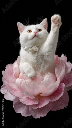 White cat sitting in pink flower with black background