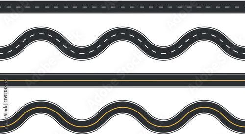 Wavy Asphalt Road and Highway Path Vector with White and Yellow Lines