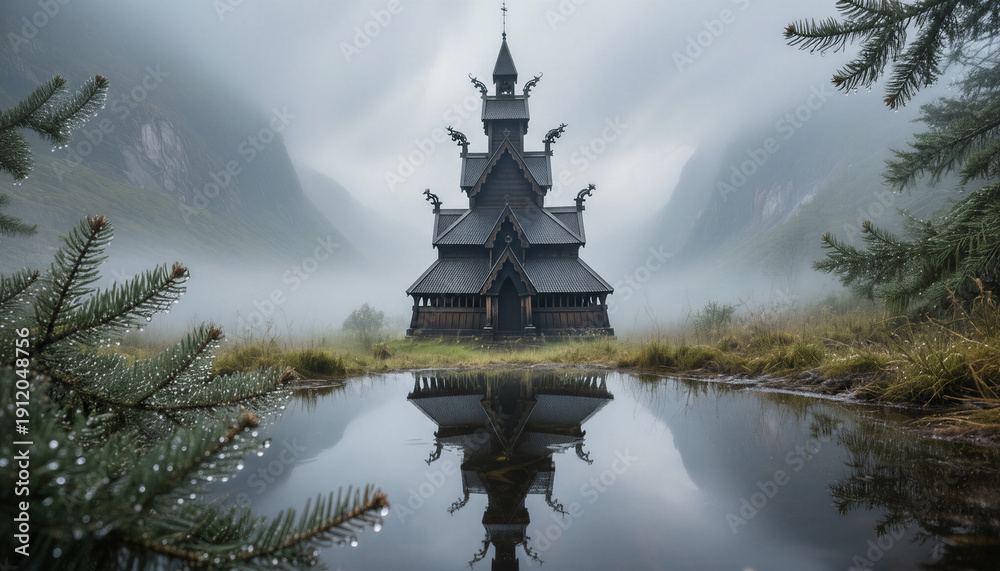 Obraz premium Traditional wooden temple reflected in still mountain lake