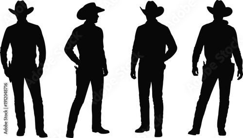 Set of four realistic cowboy silhouettes wearing traditional hats and western gear standing in confident poses isolated on a clean white background for design