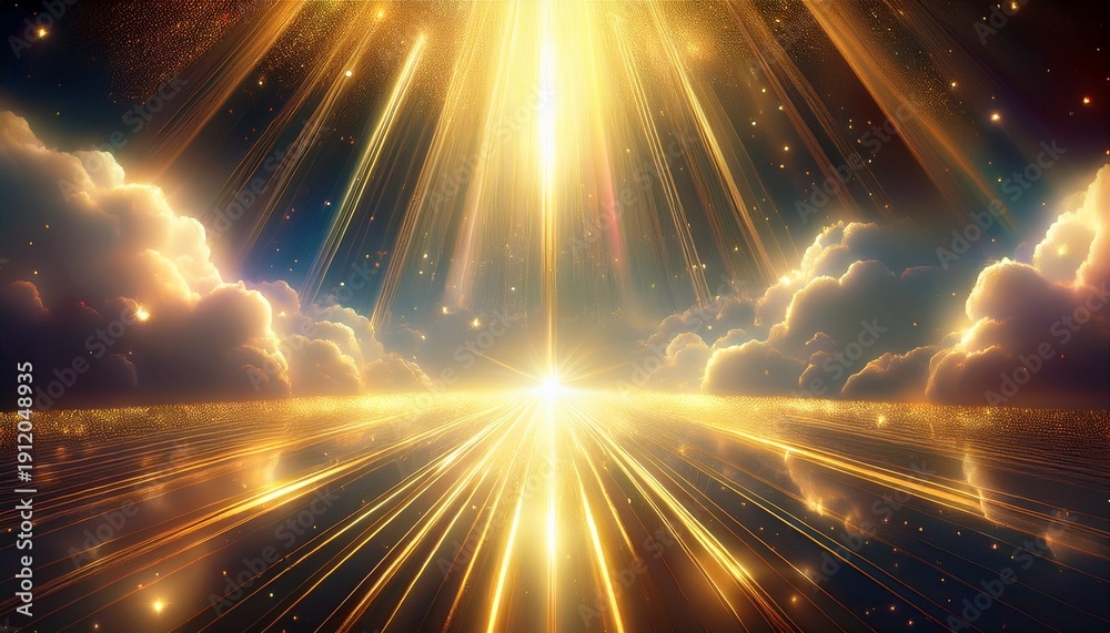 Obraz premium golden heavenly light rays falling through soft clouds with sparkling luminous dust