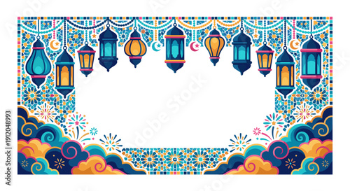 Colorful Ramadan lantern border, mosaic tiles, festive clouds and fireworks accents, cheerful Islamic celebration frame, vibrant hanging lights and geometric ornament motifs