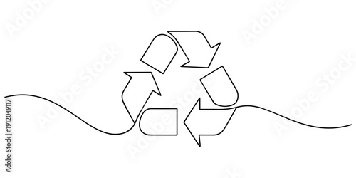 Continuous one line drawing of a recycling symbol of three arrows,  drawing recycling symbol. Recycling linear icon, Round frame with arrows,  Premium vector illustration. drawing of cycle arrows mono