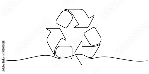 Continuous one line drawing of a recycling symbol of three arrows,  drawing recycling symbol. Recycling linear icon, Round frame with arrows,  Premium vector illustration. drawing of cycle arrows mono