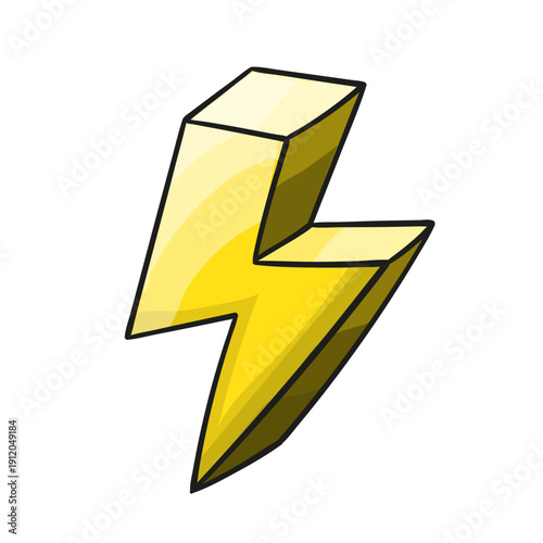3D yellow lightning bolt icon. Cartoon vector illustration of a thunder strike, symbol of energy, power, speed, flash and electricity.