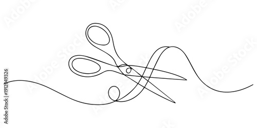 scissors cutting a ribbon continuous one line drawing, ribbon cutting ceremony for opening event or company concept, single line art, Opening Icon, scissors cutting a ribbon minimalist style pro.