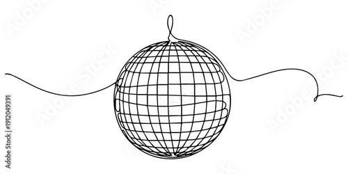 Dynamic one line art rendering of a shining mirrored disco ball accompanied by starry accents, Disco ball light vector illustration. Modern flat in continuous line style, an energetic continuous wavy.