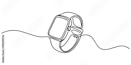 Minimalist continuous line drawing of a modern smartwatch on a white background, technology concept, Continuous one line drawing of smartwatch. One line drawing illustration of fitness bracelet smart.