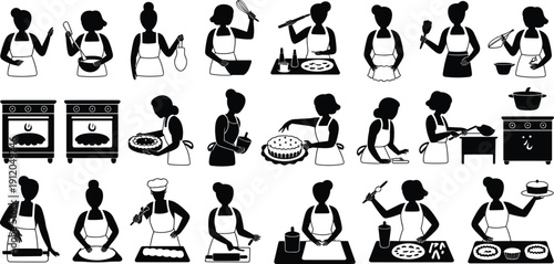 Cooking and Baking Woman Silhouette Set with Kitchen Utensils, Oven, Dough Preparation and Dessert Making Scenes Isolated on White Background Vector Collection