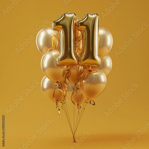 Luxury 3D Golden Number 11 Foil Balloon Bundle with Black Glitter Balloons and Flying Confetti for 11th Birthday or Anniversary Celebration on Dark Background