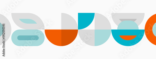 Abstract geometric shapes form colorful letterforms. Minimalist design uses overlapping circles, squares, rectangles. Modern aesthetic.