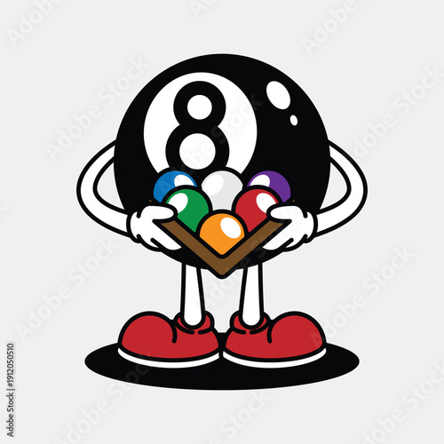 Cartoon 8 Ball Character Holding Pool Balls. Billiard Retro Mascot Cartoon Character.