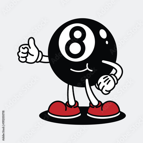 Cartoon 8 Ball Character Giving Thumbs Up. Billiard Retro Mascot Cartoon Character.