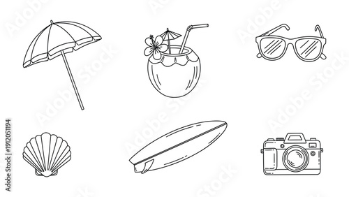 Summer Essentials: A collection of beach day essentials, illustrated in crisp detail, perfect for conveying the joy and simplicity of a summer getaway.