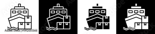 Cargo Boat Icon In Flat Version On Black And White Background