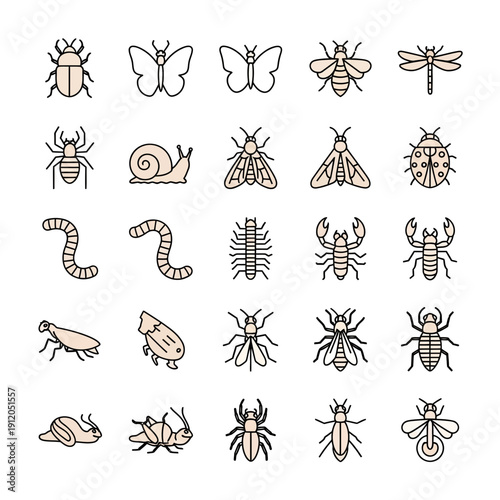 Collection of flat line icons showing various insects, bugs, arachnids, and small animals like butterflies, beetles, snails, and scorpions.
