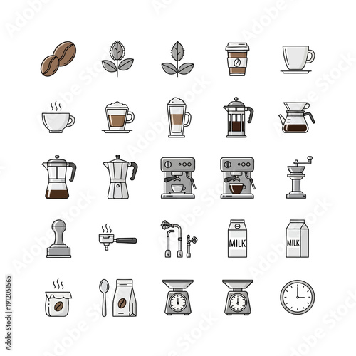 Detailed Coffee Icons Set: Brewing Equipment, Drinks, Beans, and Barista Tools Collection
