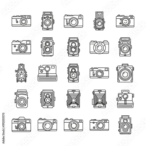 Vintage and Classic Camera Line Icons Collection: Photography Equipment Outline Set.