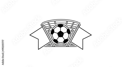 A soccer ball is placed inside a trophy with a ribbon banner illustration