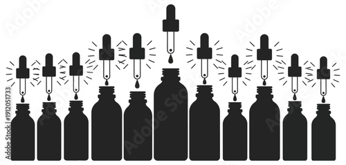 Essential Oil Glass Dropper Bottles silhouette illustration in line, isolated on white background, for organic cosmetic, wellness, and skincare design concept.