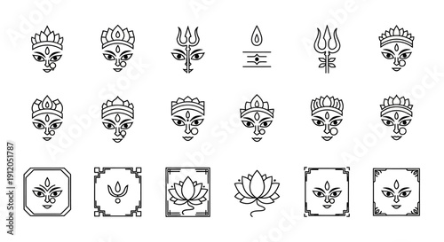 Various Hindu deity faces and symbols in black line art on a simple background from a straightforward viewpoint