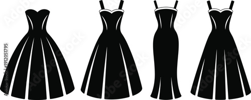 Elegant Women Evening Dress Silhouette Collection Featuring Ball Gown and Mermaid Style Black Vector Illustration Set Isolated on White Background