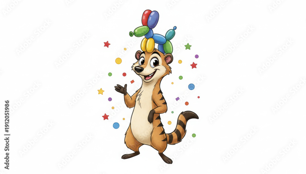 Obraz premium Cute suricate wearing colorful balloon hat shows curiosity with joyful expression surrounded by festive confetti and stars in playful scene