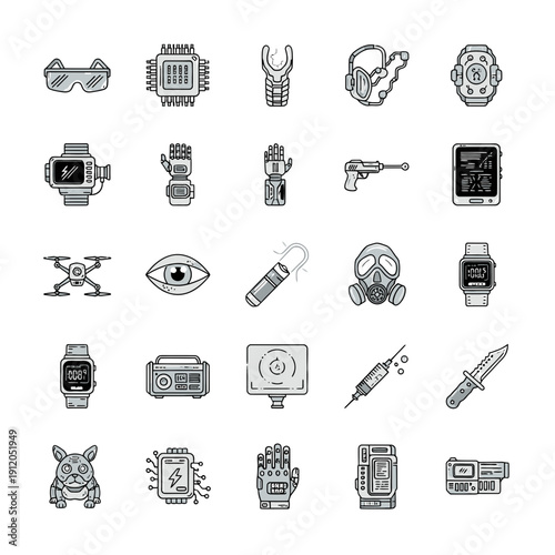 Collection of cyberpunk and sci-fi technology icons, including cybernetic limbs, gadgets, and futuristic weapons.
