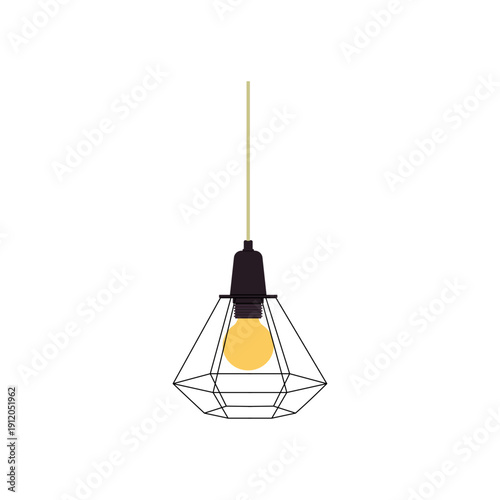 Modern pendant lamp with geometric wire shade and glowing bulb. Minimal flat vector illustration for interior design, lighting decor, Scandinavian style branding and home decor concepts.
