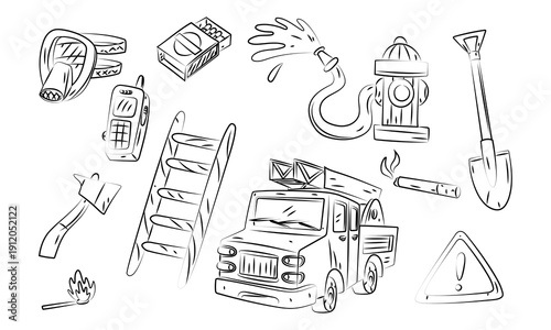 Firefighter equipment and rescue service elements set grunge. Flat illustration of ladder, hydrant and truck for professional firefighting posters, educational materials or safety projects