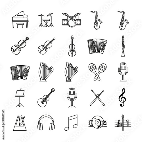Musical Instruments and Audio Equipment Line Icons Set for Music Production and Education.