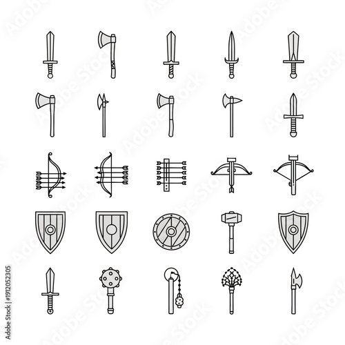 Medieval and Fantasy Combat Weapons Outline Icons Set: Swords, Axes, Shields, Bows, Crossbows, and Maces