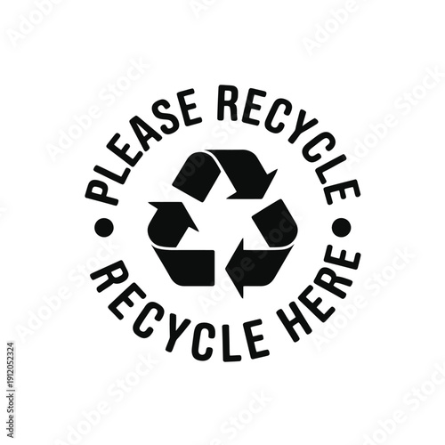 A black recycle symbol with the words please recycle here encircling it