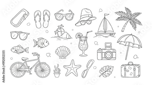 Summer Vacation Doodle: A playful collection of illustrated summer essentials, showcasing items perfect for a sunny getaway and travel adventure.