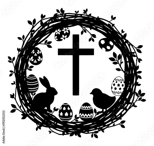 Religious Easter wreath with cross bunny chick and decorated eggs silhouette