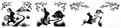 Easter bunny carrying egg basket on a path toward a country house silhouettes