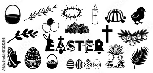 Large collection of black and white easter holiday icons and religious symbols set in flat vector style