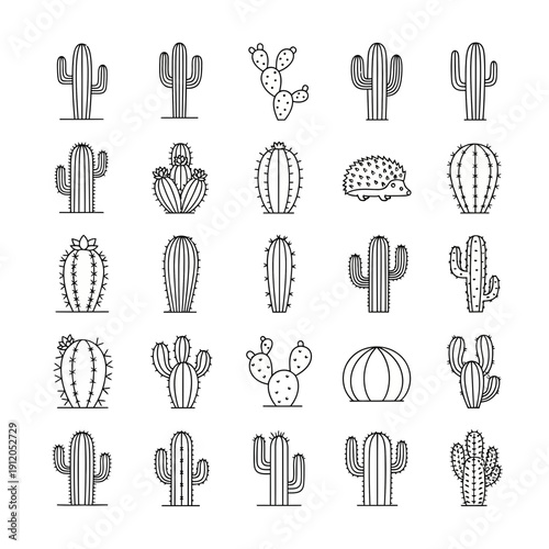 Cactus and Succulent Outline Icons Set: A Collection of Various Desert Plants in Minimal Line Art Style.